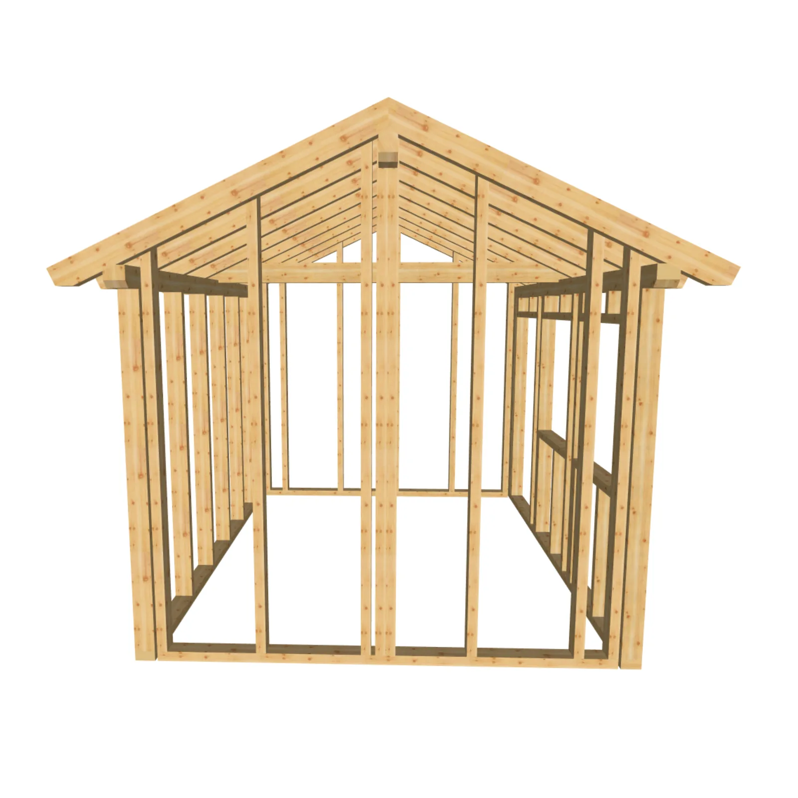 Gartenhaus24 3D-Frontansicht mit Satteldach und Holzrahmenkonstruktion