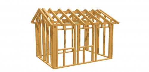 Gartenhaus 24 3D-Ansicht der Holzrahmenkonstruktion mit Satteldach