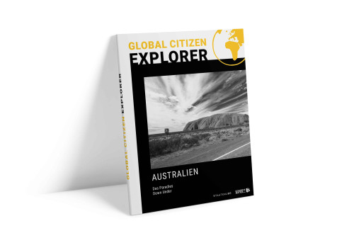 Global Citizen Explorer Australien Buch-Mockup mit Landschaftsfoto einer Küstenregion