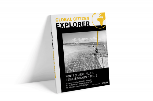 Global Citizen Explorer Buch mit schwarzweißem Luftaufnahme-Foto auf Cover, Titel Kontrolliere alles, besitze nichts Teil 2