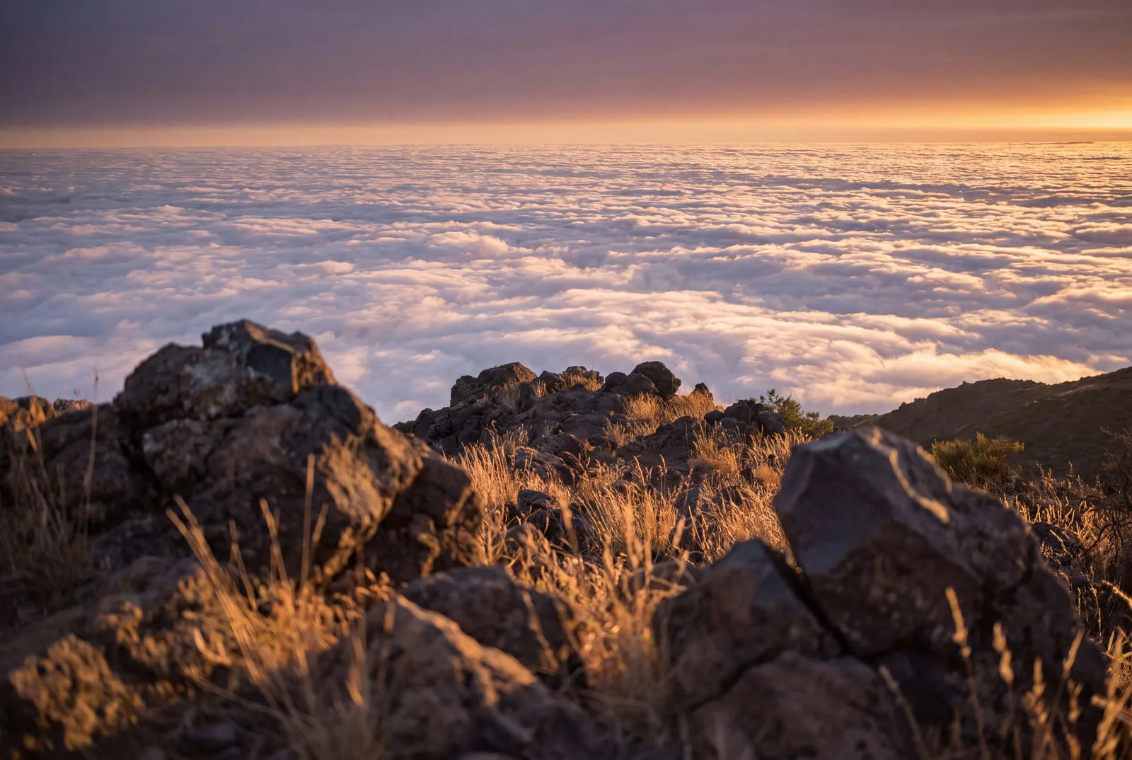 Weiter Blick von Vulkangrat über leuchtendes Wolkenmeer zum klaren Horizont