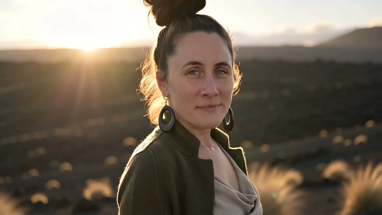 Porträt einer Frau mit Dutt-Frisur vor Berglandschaft im Sonnenuntergang, lächelnd