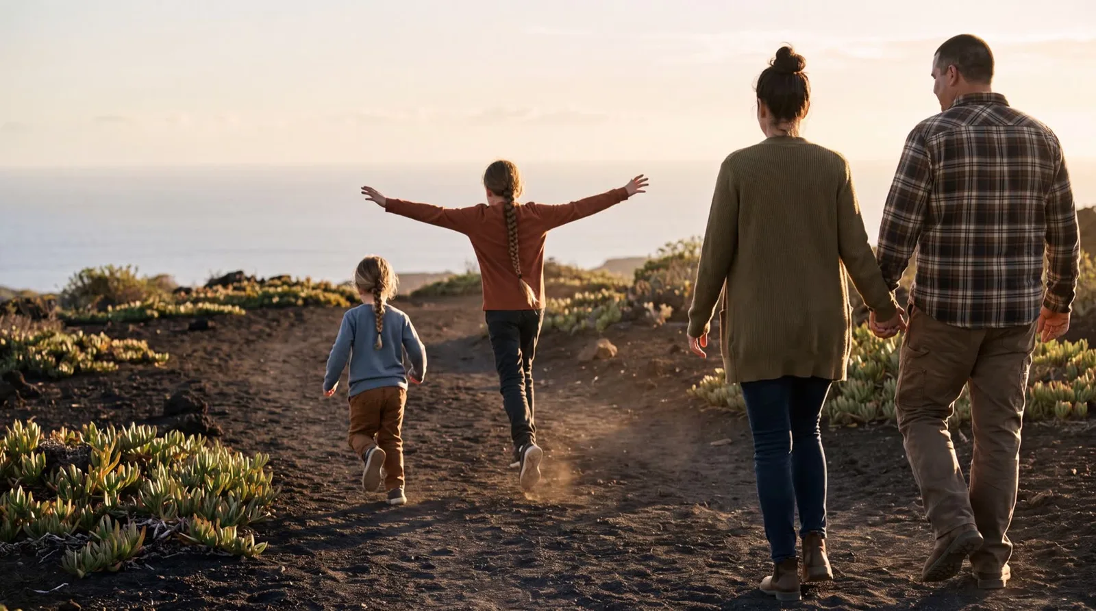 Familie mit zwei Kindern und zwei Erwachsenen wandert Hand in Hand auf Vulkanpfad am Meer