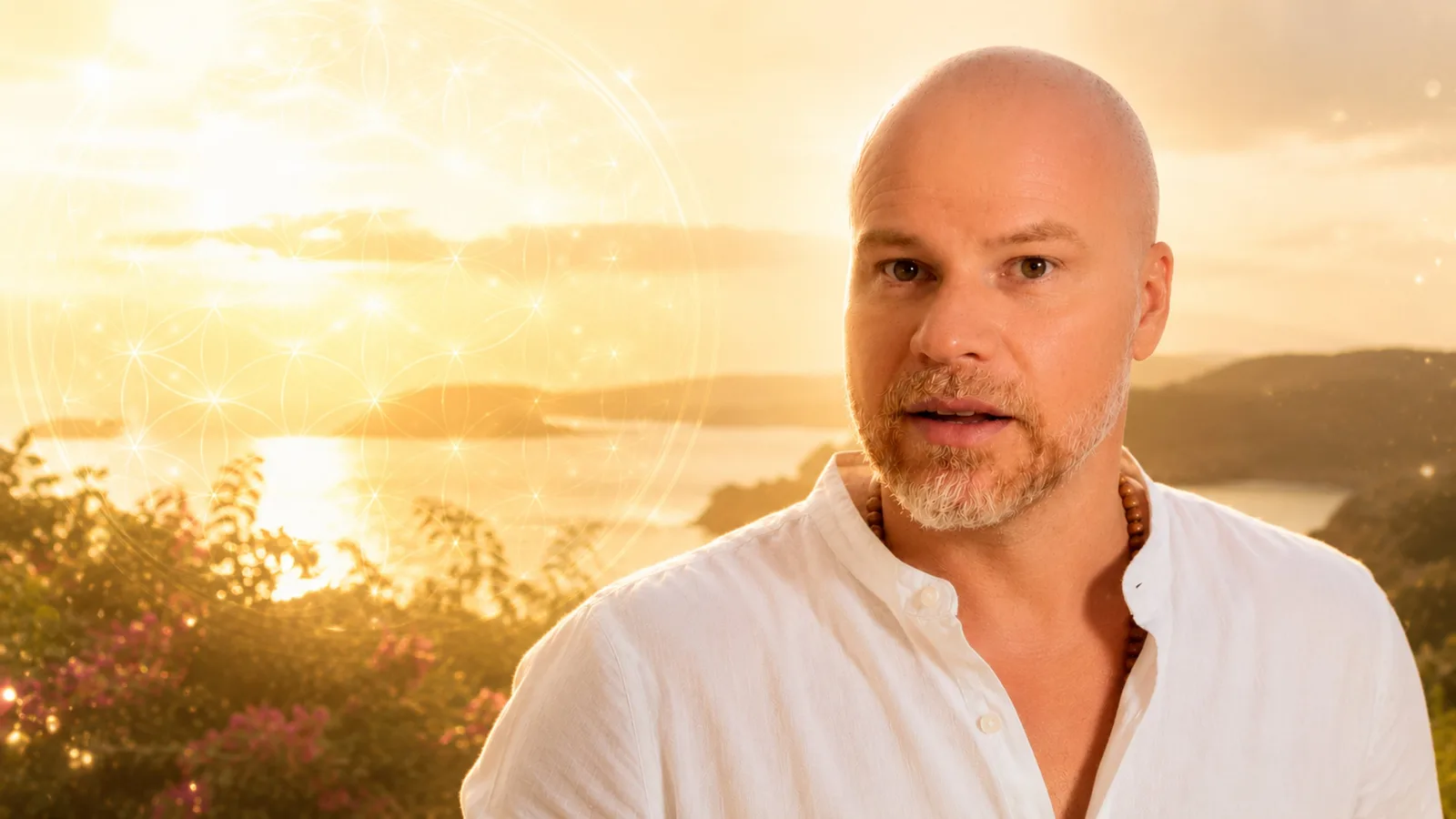 Ralf Haase Portrait vor Berglandschaft mit Sonnenuntergang und spirituellen Symbolen