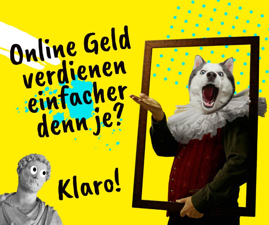 Kreatives Meme auf gelbem Hintergrund: Tier mit offenem Maul in Rahmen, Text zu einfacher Online-Geldverdienung