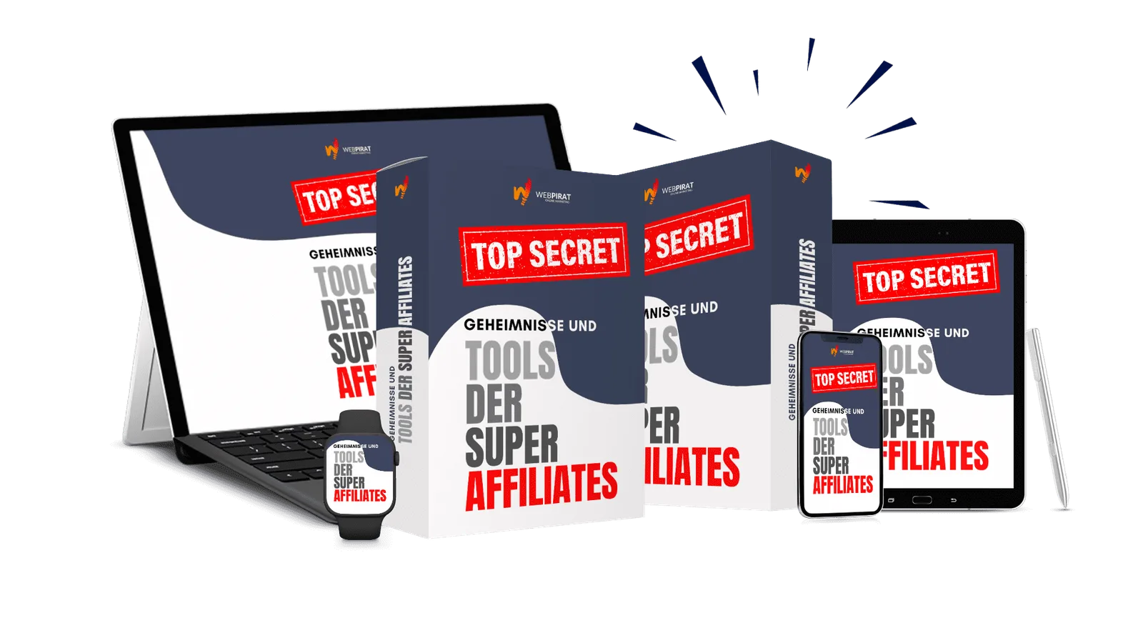 Mockup der Produktreihe Geheimnisse und Tools der Super Affiliates auf verschiedenen Geräten: Laptop, Smartphone, Smartwatch