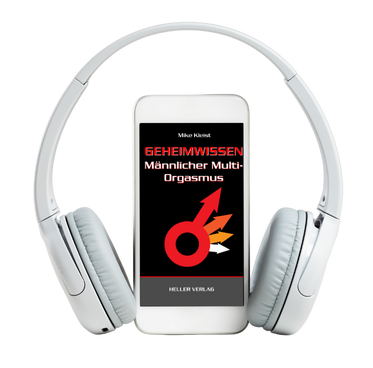 Hörbuch-Mockup Geheimwissen mit weißen Kopfhörern und Smartphone