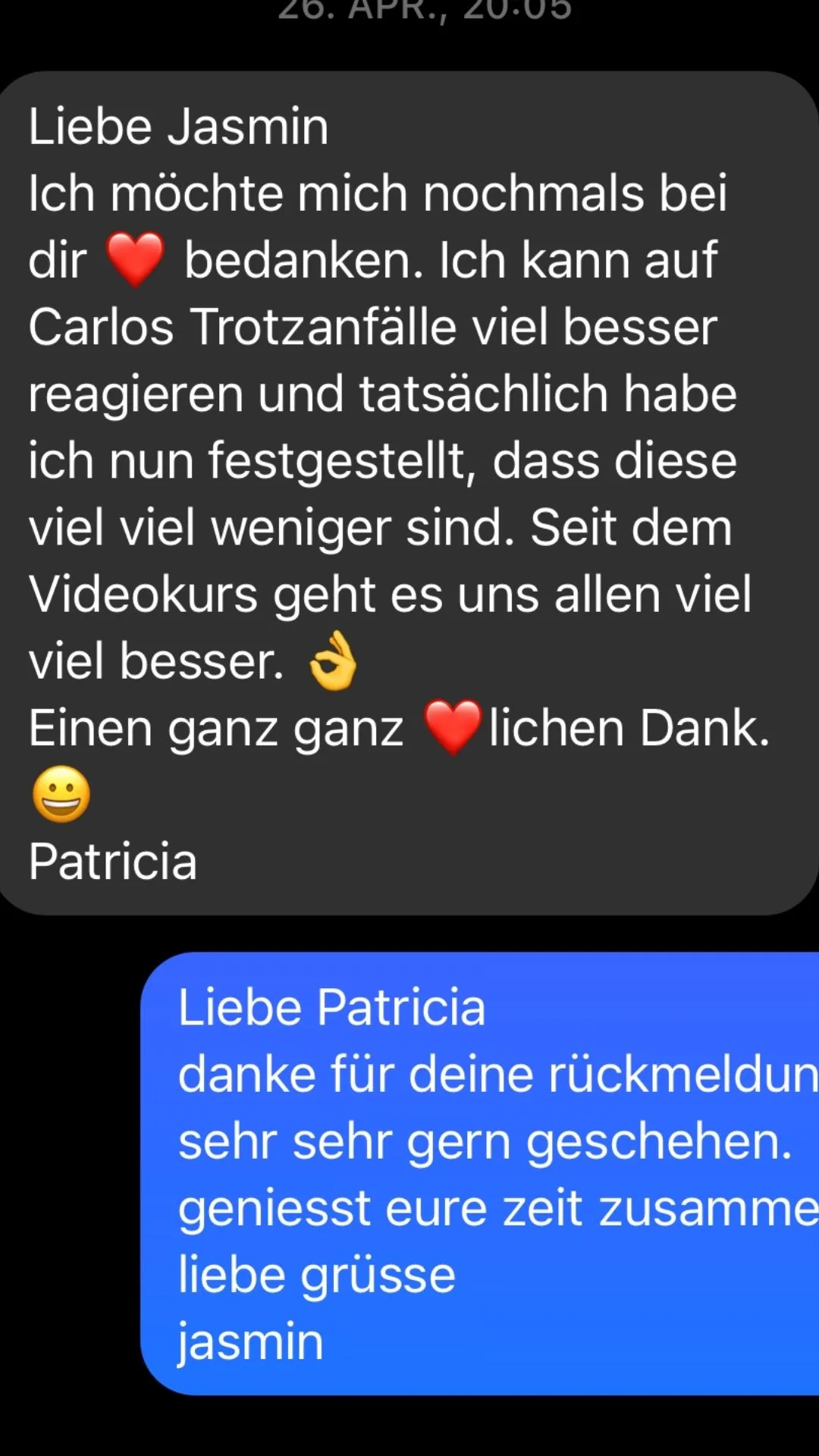 Kundenstimme von Patricia über den Videokurs mit Feedback zur Trotzphase