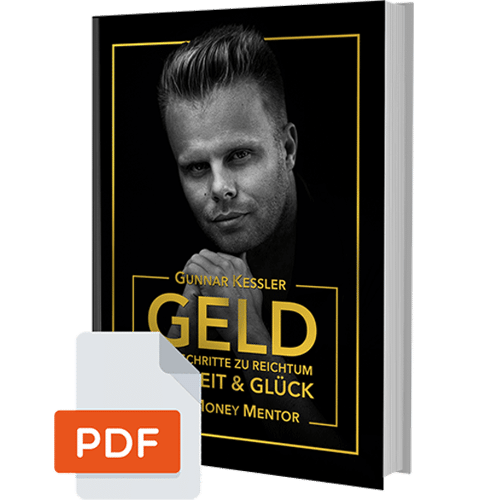 E-Book-Cover von Geld mit PDF-Symbol und Tablet-Mockup