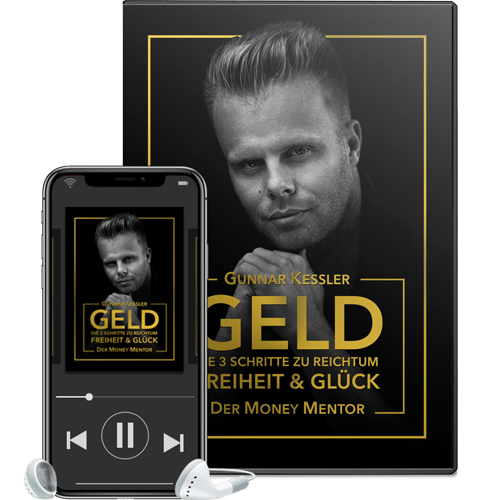 Hörbuch-Cover von Geld mit Smartphone und Kopfhörer-Mockup