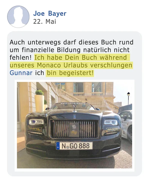 Kundenstimme von Joe Bayer mit Foto des Buches im Luxusauto