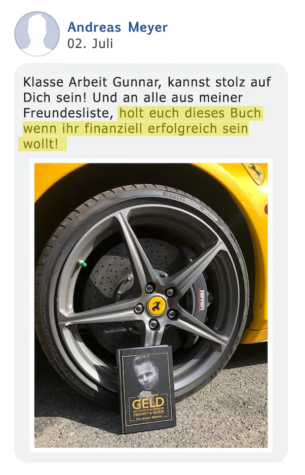 Kundenstimme von Andreas Meyer mit Foto des Buches am Sportauto