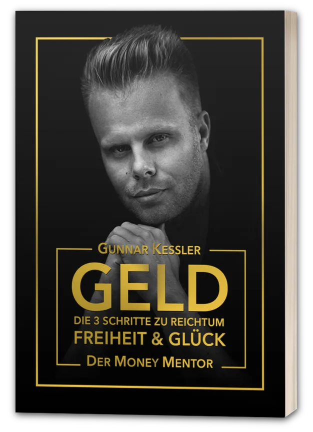 GELD-Buch Cover mit Gunnar Kessler Porträt in schwarzweiß und goldenem Rahmen