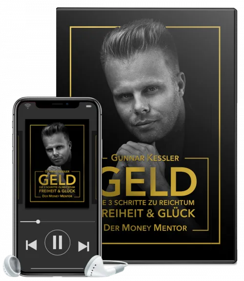 Geld – Hörbuch zur Finanzbildung von Gunnar Kessler 6 Hörbuch-Mockup GELD mit Smartphone und Tablet-Display
