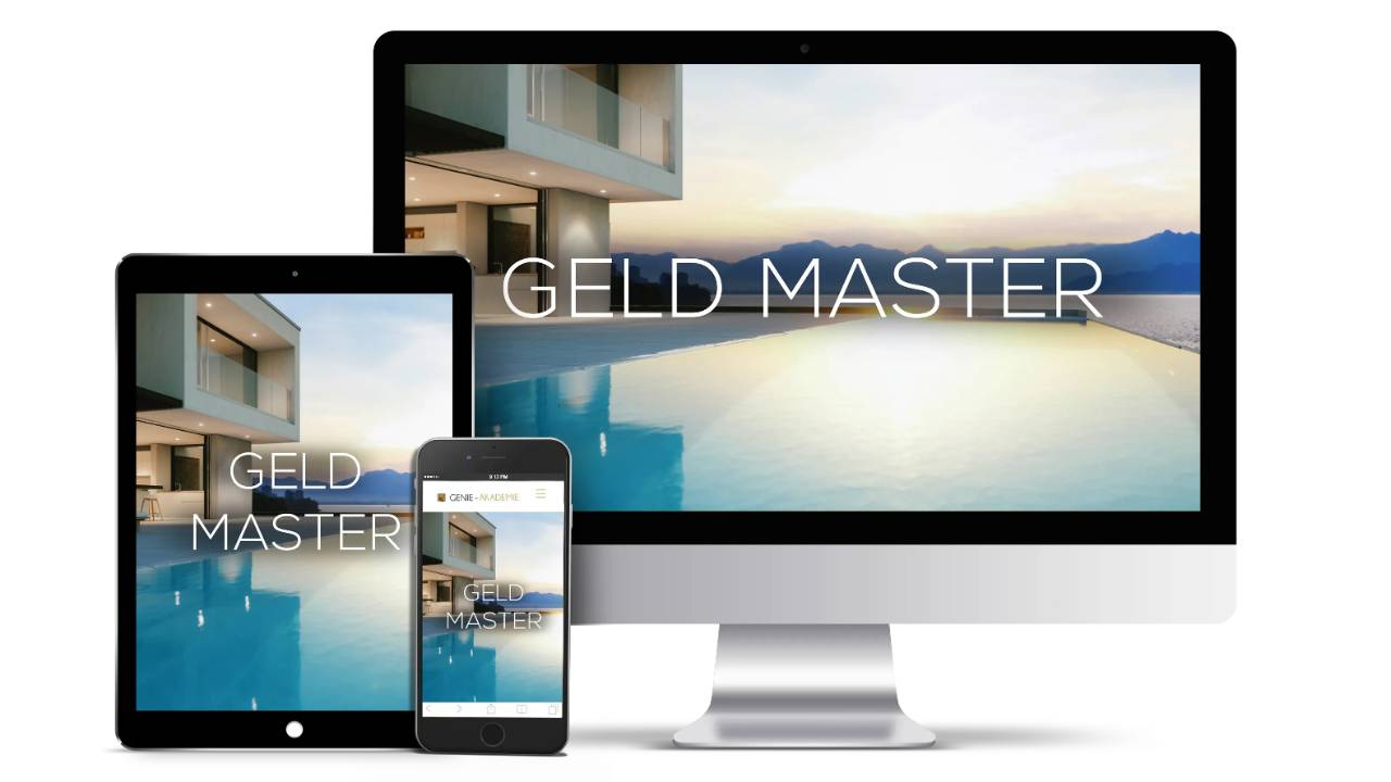 Geld Master Kurs auf verschiedenen Geräten – Desktop, Tablet und Smartphone mit Poollandschaft im Hintergrund