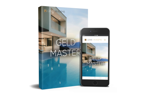 Geld Master Produktabbildung mit Hardcover-Buch und Smartphone-Mockup