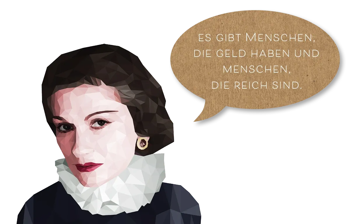 Historische Frauenporträt-Illustration mit Sprechblase zum Zitat über Reichtum