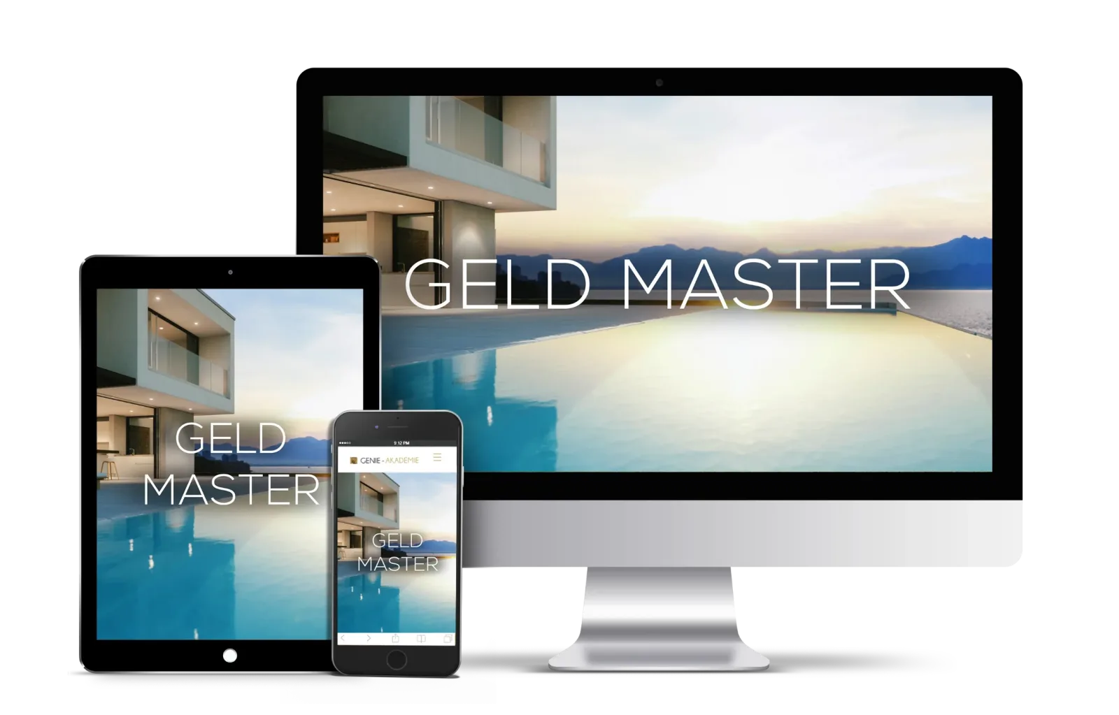 Geld Master Kurs auf verschiedenen Geräten – Desktop, Tablet und Smartphone Mockup