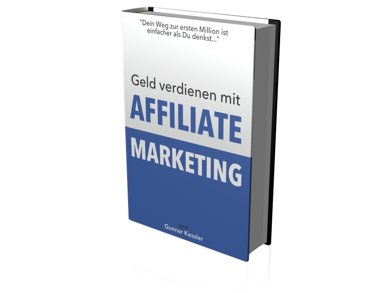 Geld verdienen mit Affiliate Marketing – E-Book zum Nebeneinkommen 1 Perspektivische 3D-Mockup des Buches Geld verdienen mit Affiliate Marketing mit aufgeschlagenem Deckel