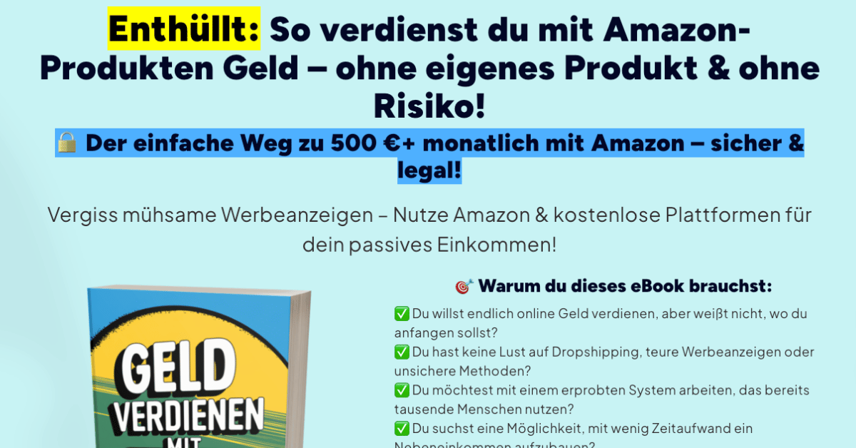 Geld verdienen mit dem Amazon Partnerprogramm – Affiliate-E-Book 1 Hero-Banner zum Amazon Partnerprogramm mit Buchtitel und Verkaufsversprechen