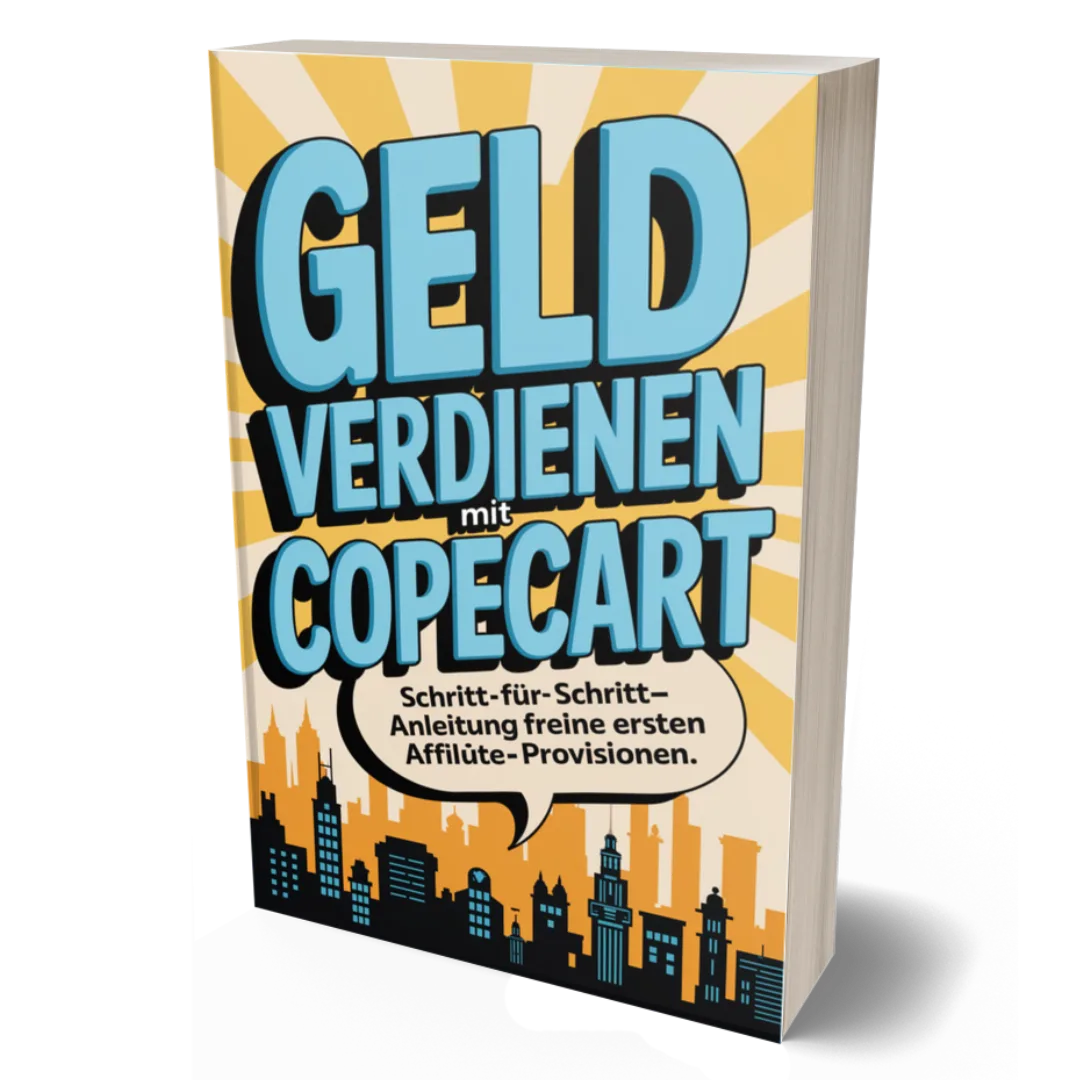 E-Book Cover Geld verdienen mit Copecart mit gestreiftem gelbem Hintergrund und Stadtsilhouette