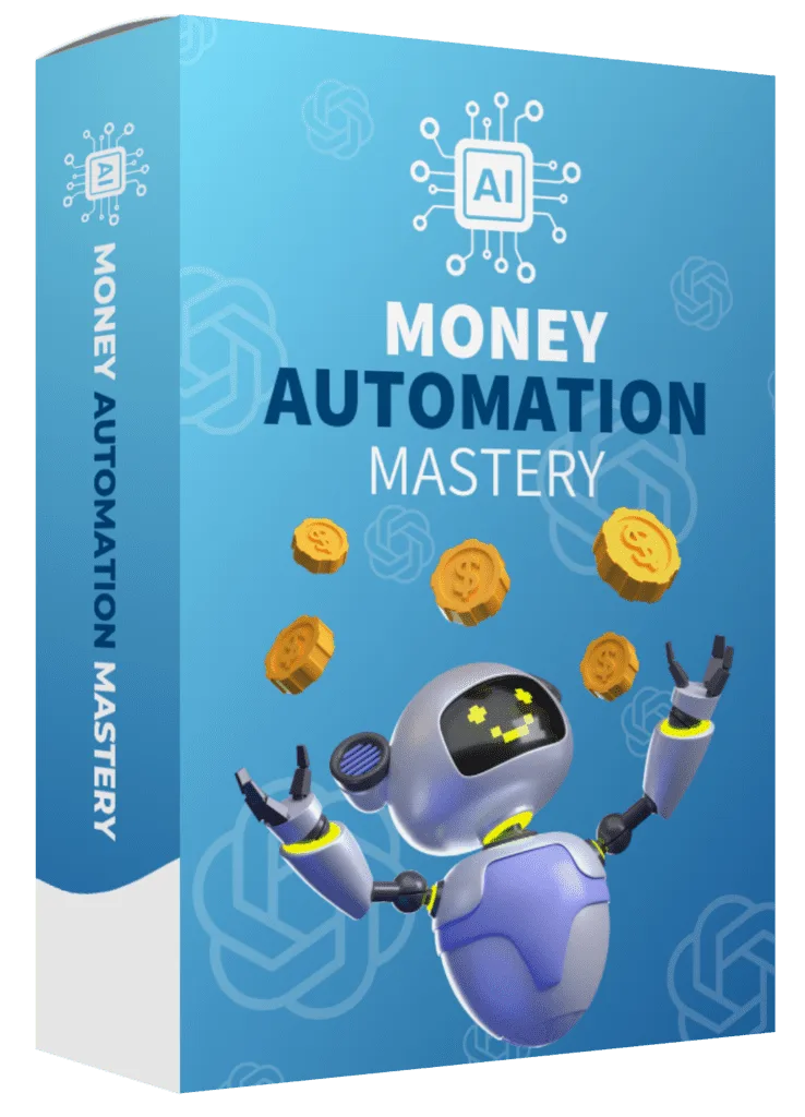 AI Money Automation Mastery Produktbox mit Roboter und Münzen auf blauem Hintergrund