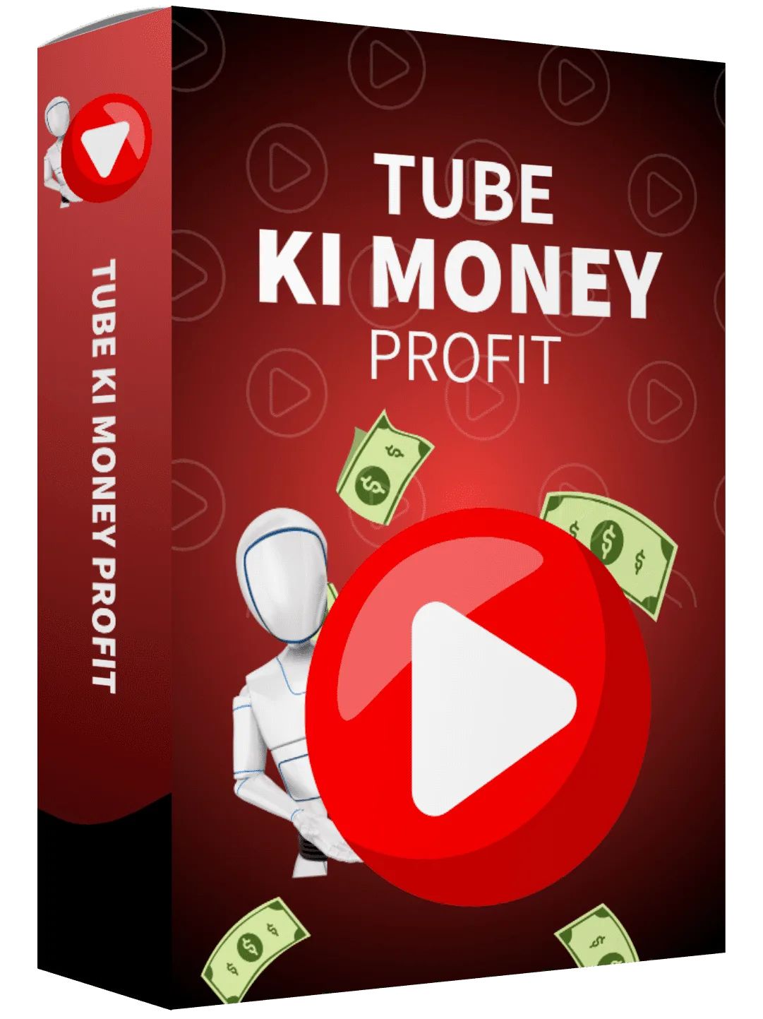 3D-Produktbox Tube KI Money Profit mit großem roten Play-Button, Roboter und Geldscheinen auf dunklem Hintergrund