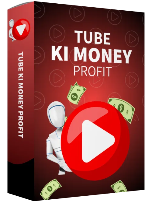 Produktbox Tube KI Money Profit im kleineren Format mit Play-Button und Geldscheinen auf rotem Hintergrund