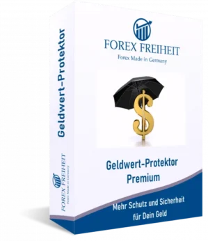 Geldwert-Protektor Premium Produktbox mit Regenschirm und Dollarsymbol
