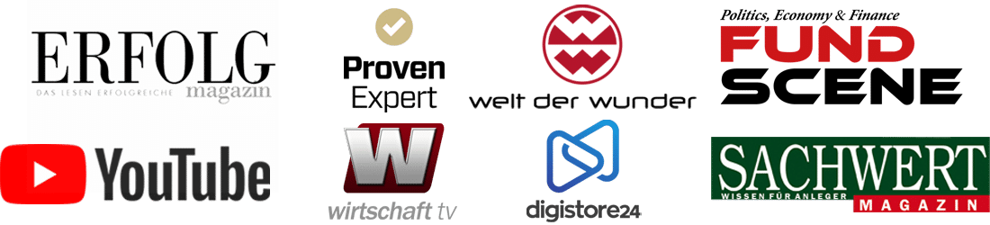 Medienlogos von ERFOLG Magazin, Proven Expert, Welt der Wunder, FUND SCENE, YouTube, Wirtschaft TV, digistore24, Sachwert Mag
