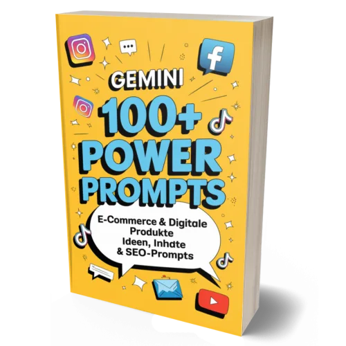 Gemini 100+ Power Prompts E-Book Mockup mit 3D-Buchdarstellung, gelbem Cover mit Icons und Produkttext
