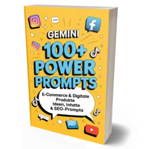Gemini 100+ Power Prompts E-Book Cover von Michael Kotzur mit gelbem Hintergrund, sozialen Medien Icons und Buchtitel