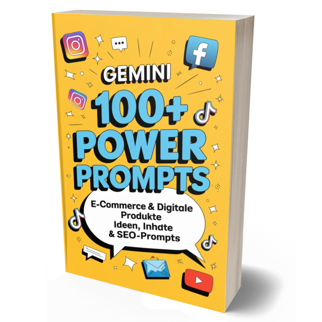 Gemini 100+ Power Prompts E-Book Cover von Michael Kotzur mit gelbem Hintergrund, sozialen Medien Icons und Buchtitel