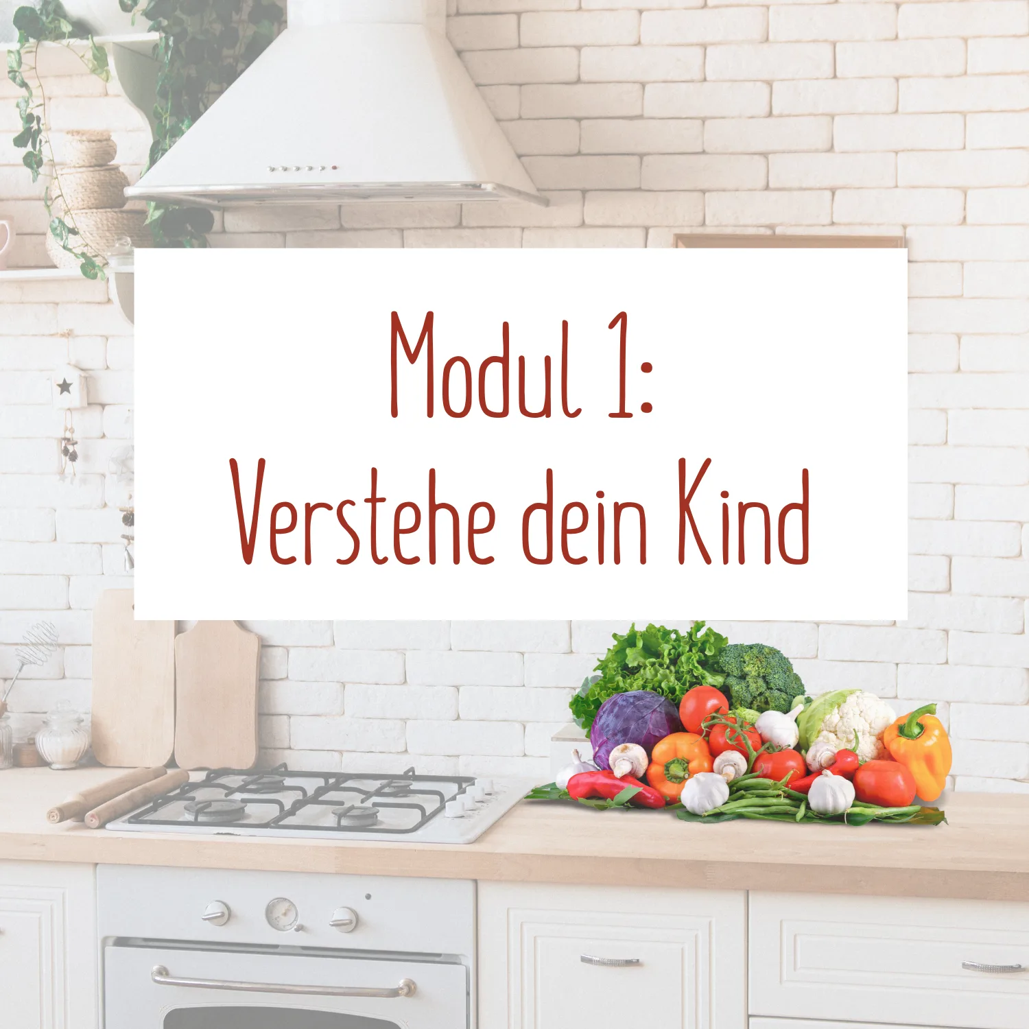 Moderne Küche mit Herd, Gemüse auf Arbeitsplatte, Text: Modul 1: Verstehe dein Kind