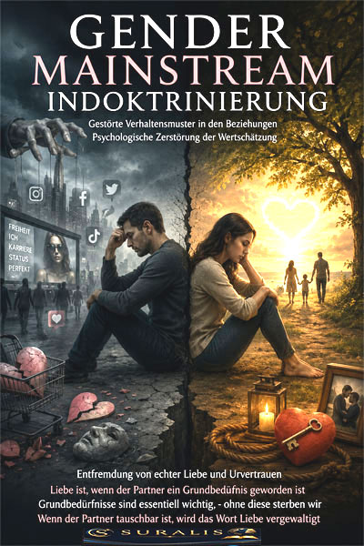 Gender Mainstream Indoktrinierung Cover mit Paar in emotionaler Belastung, sozialen Netzwerken und hoffnungsvollem Horizont