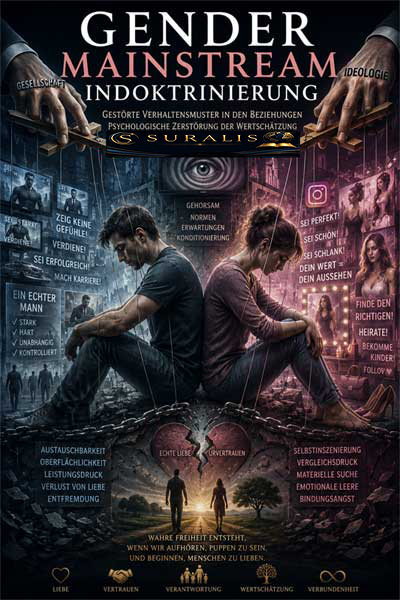 Gender Mainstream Indoktrinierung Poster mit zwei verzweifelten Personen, sozialen Medien Symbolen und Manipulations-Elemente