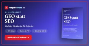 Hero-Banner GEO statt SEO mit RatgeberPlatz-Logo, Buch-Mockup und CTA-Button