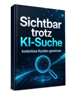 E-Book-Cover Sichtbar trotz KI-Suche mit leuchtender Lupe und Netzwerk-Grafik