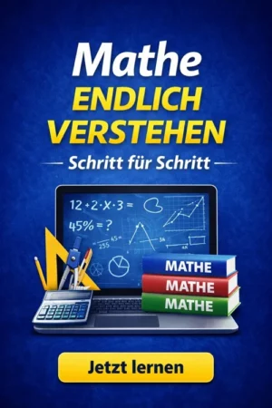 Hero-Banner Mathe Endlich Verstehen mit Laptop, Taschenrechner, Bücherstapel und Lernmaterialien auf blauem Hintergrund