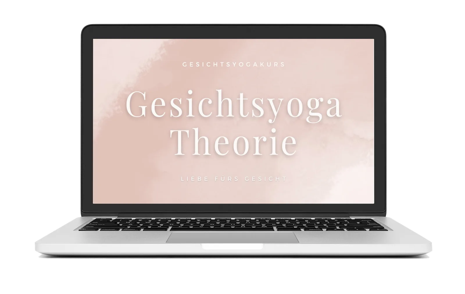 Laptop-Mockup mit Gesichtsyoga Theorie Kursseite auf rosa Hintergrund