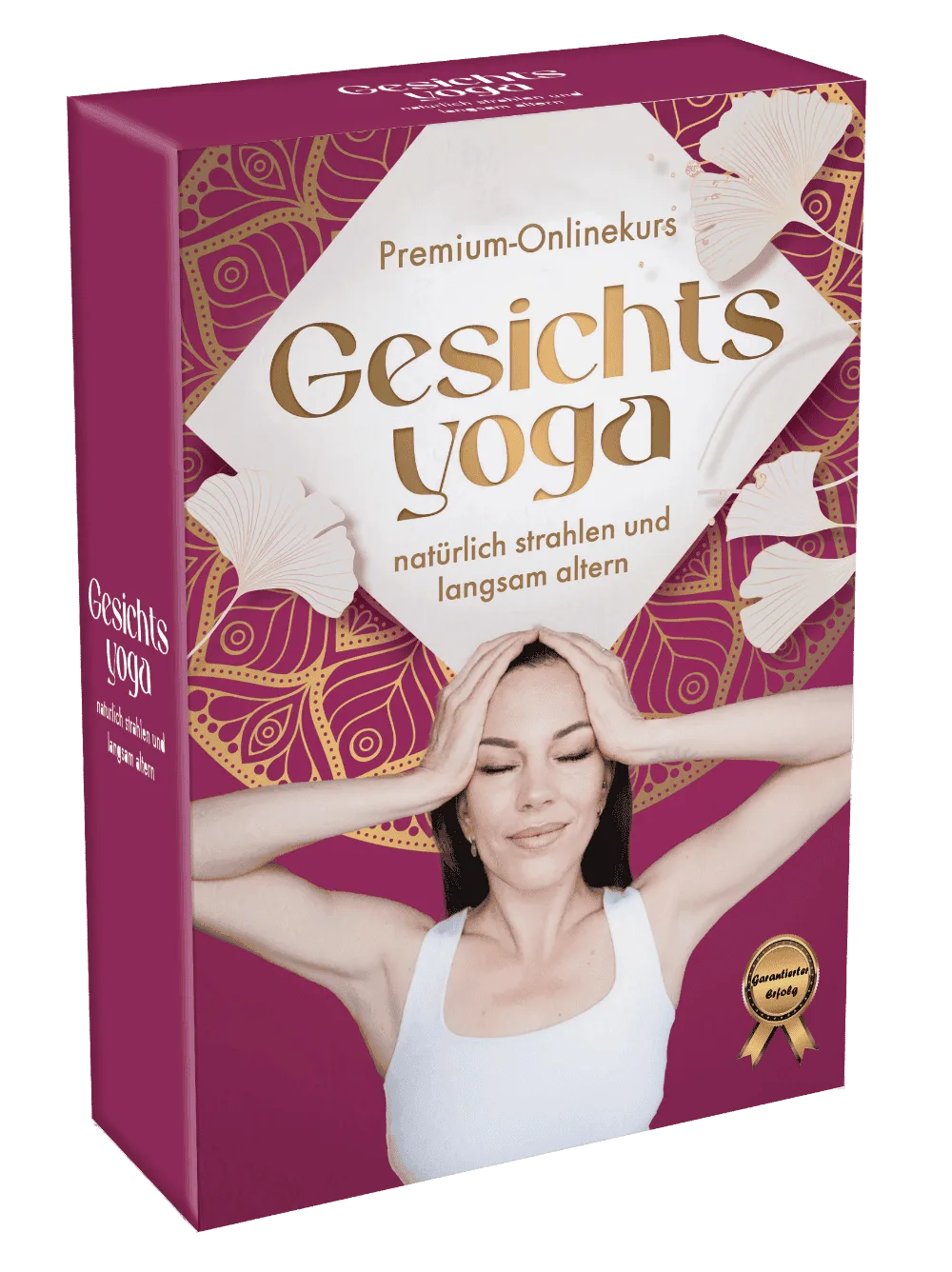 Gesichtsyoga Premium-Onlinekurs Produktbox mit Frau beim Gesichtsmassage-Übung
