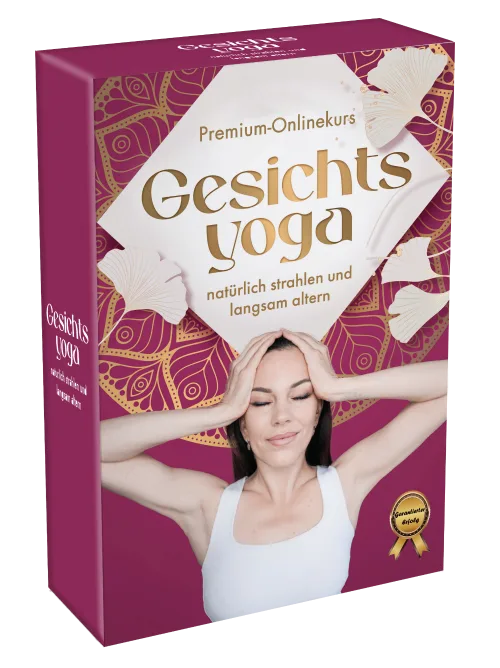 Gesichtsyoga Premium Anti-Aging Onlinekurs Box mit Produktverpackung und Frau beim Gesichtstraining