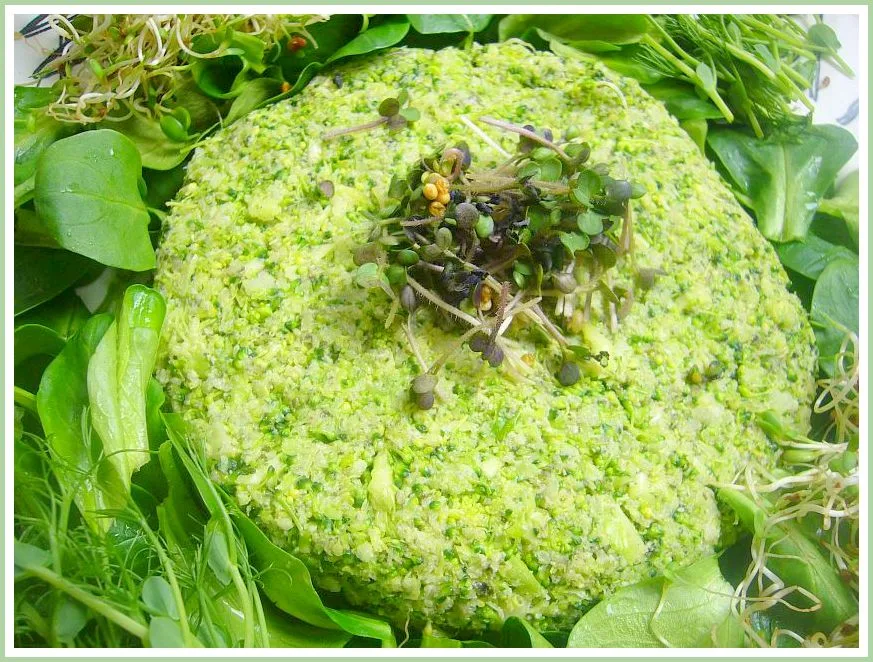 Brokkoligericht mit grüner Creme und frischen Kräutern auf Blättern