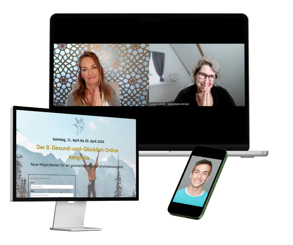 Mockup zeigt Kongress-Landingpage auf Desktop, Tablet und Smartphone mit Video-Interface