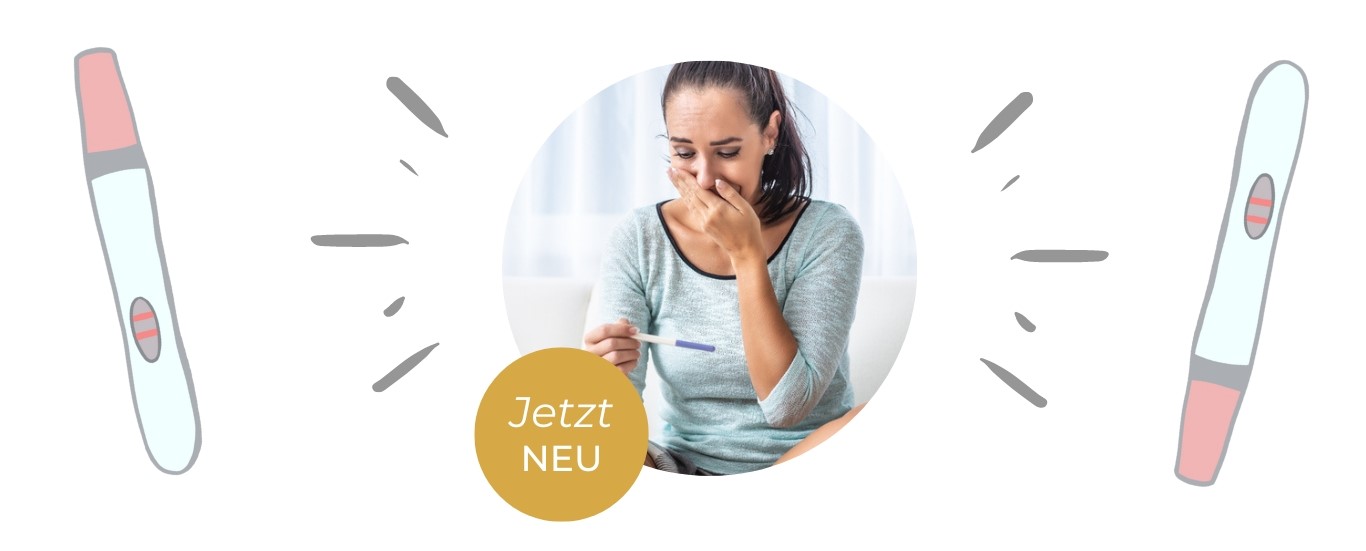 Frau mit Schwangerschaftstest und zwei Schwangerschaftstests mit "Jetzt NEU" Banner