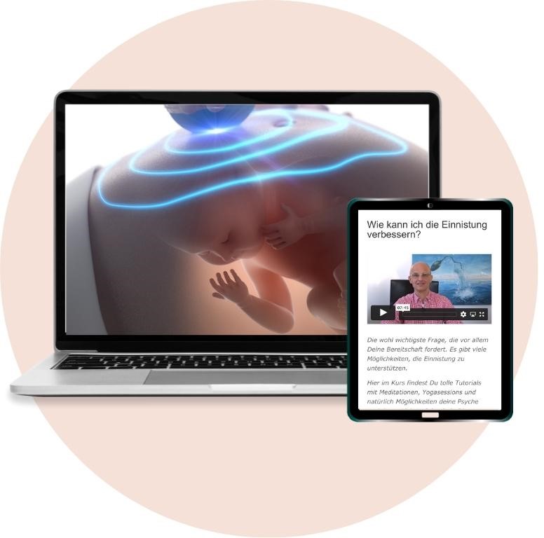Laptop und Tablet mit Kursinhalt und Embryo-Visualisierung in rundem Rahmen