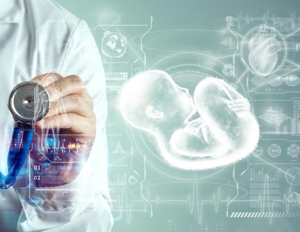Arzt mit Stethoskop und digitalen Embyronen-Visualisierungen in medizinischem Interface