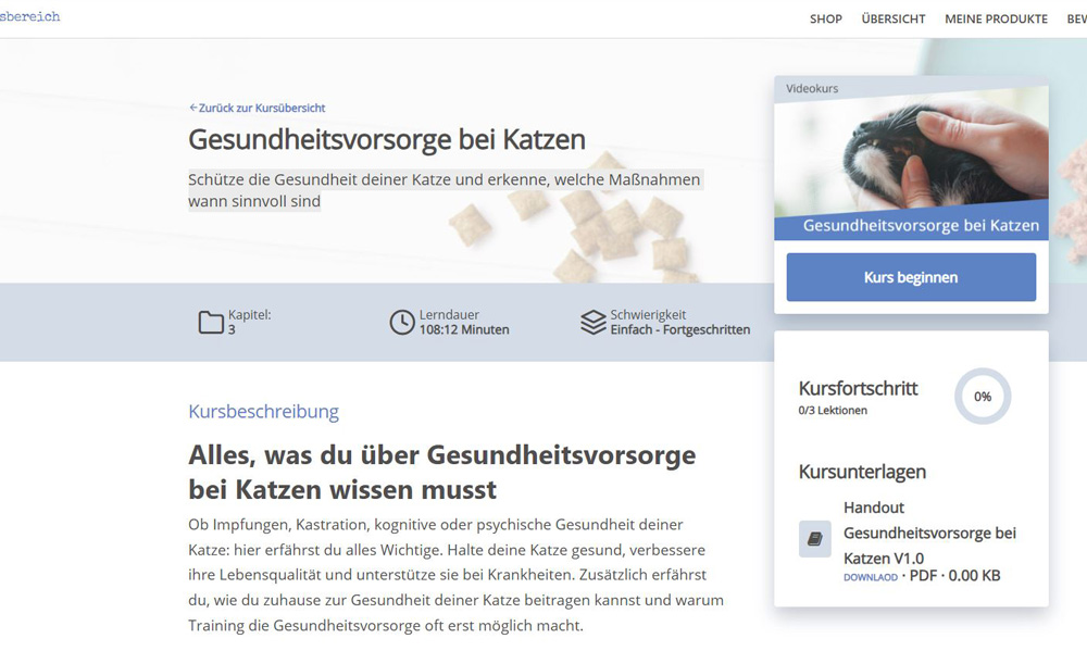 Screenshot: Kursübersicht Gesundheitsvorsorge bei Katzen mit Kursinformationen und Kurs beginnen Button