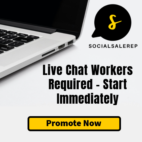Laptop-Bildschirm mit SocialSaleRep-Logo und Anzeige für Live-Chat-Worker-Positionen
