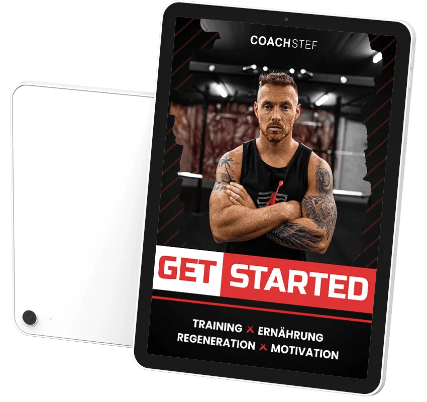 GET STARTED E-Book von Coach Stef auf iPad-Mockup mit Trainingscoach und roten Elementen